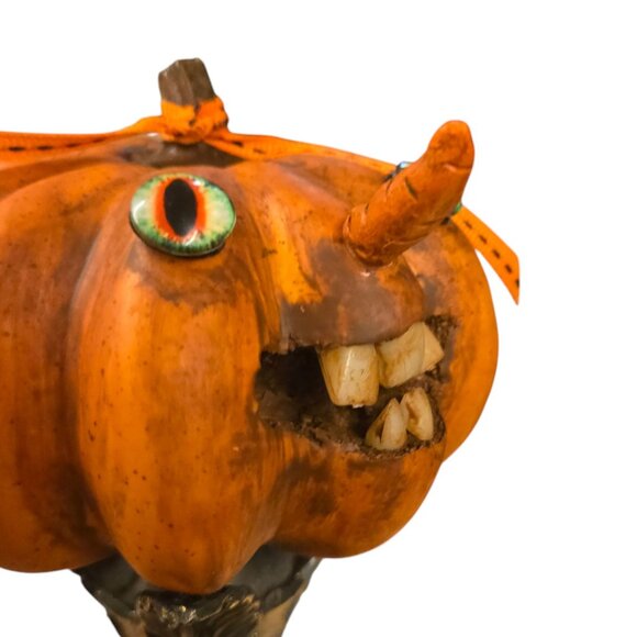 Halloween JOL Pumpkin OOAK Creepy Sculpture Jack O Lantern Teeth Assemblage Art - Picture 2 of 16
